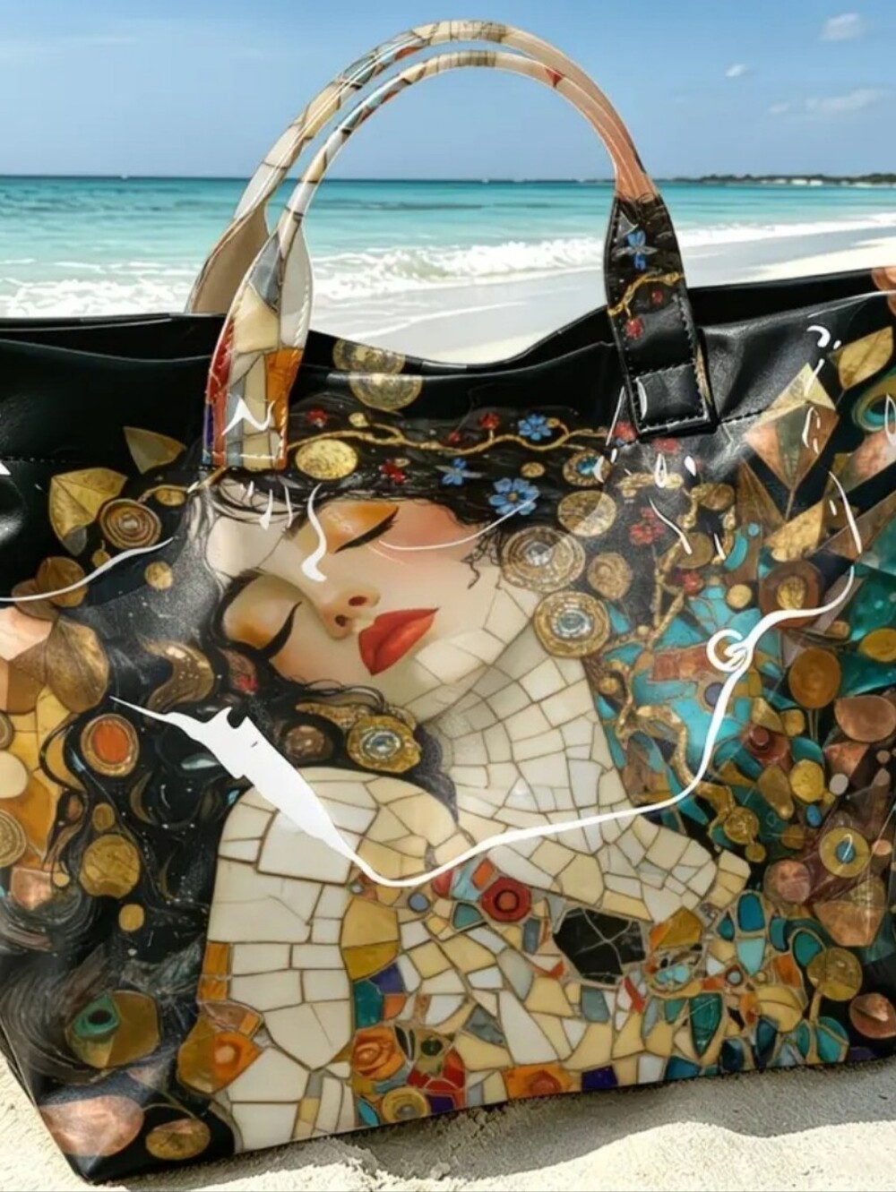 Beautiful Mosaic Artsy Style Female Portriat Pictire Jand Tote Bag - Picture 10 of 11
